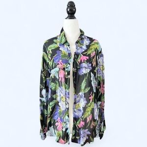 Vintage Razzle Dazzle Womens Floral Black Boho Cotton Button-Up Shirt Large